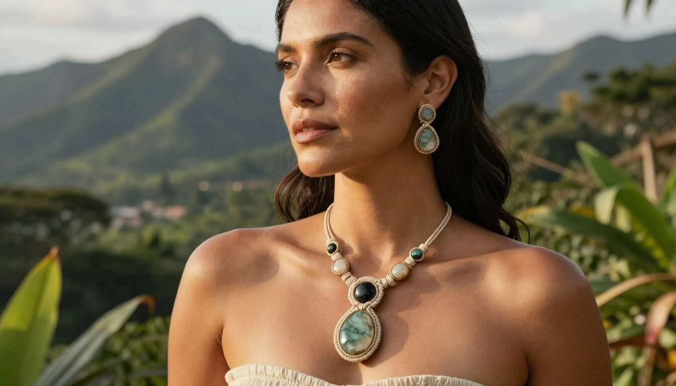 Mujer con joyas turquesas, de pie al aire libre con montañas al fondo.