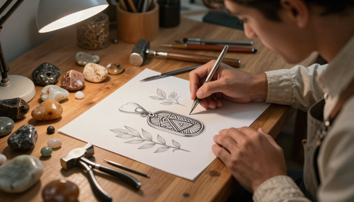 Persona dibujando una mariposa en un escritorio de madera con materiales de arte y una lámpara.