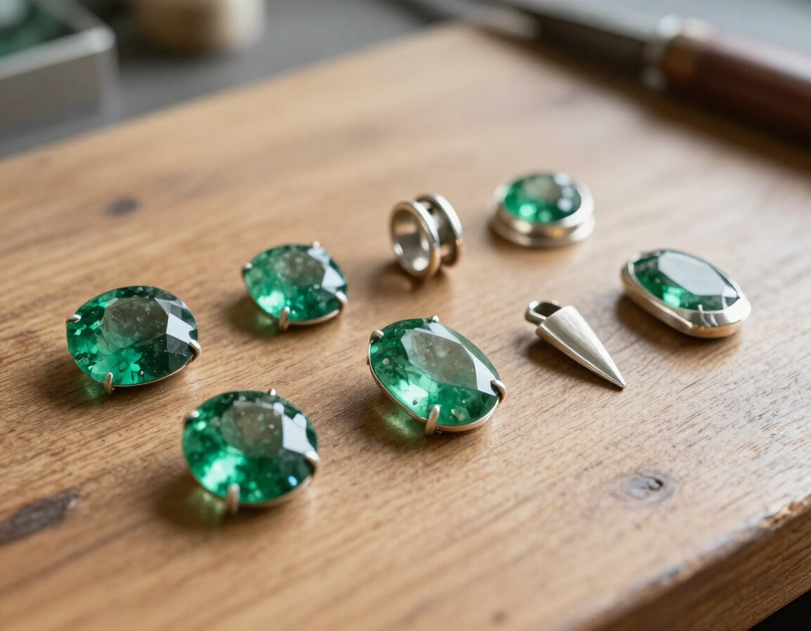 Piezas de joyería con gemas verdes dispuestas sobre una mesa de madera, entre ellas piedras sueltas, anillos y un colgante.