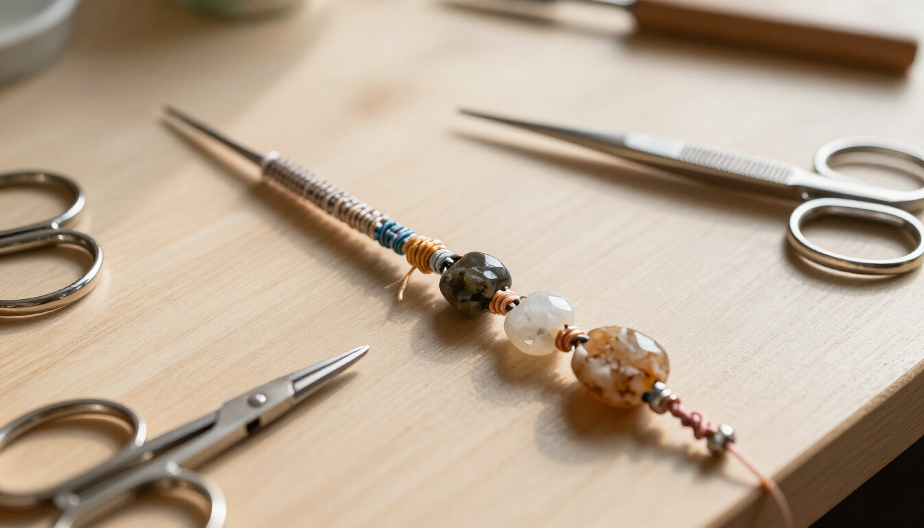 Herramientas para hacer abalorios y tijeras sobre una mesa de madera, junto a una pulsera de cuentas en proceso