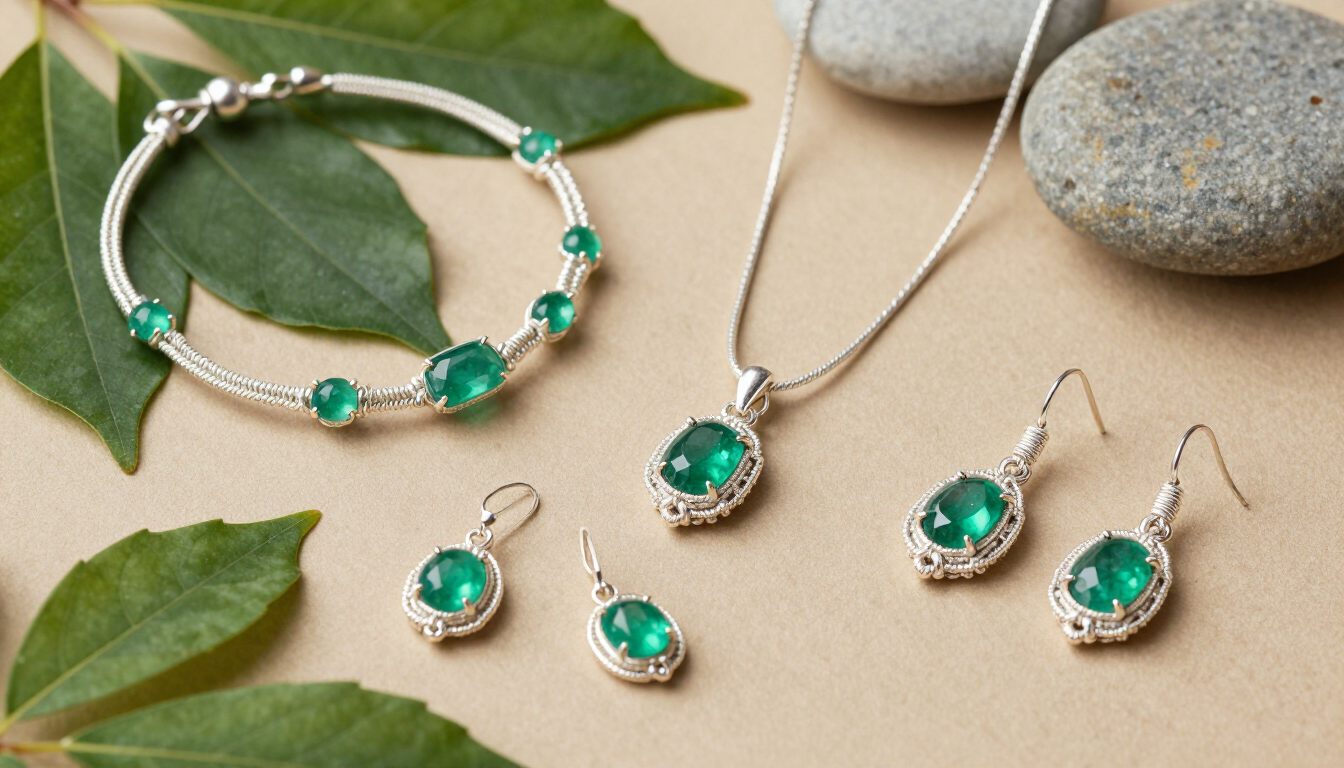Pulsera, collar y pendientes a juego de piedras preciosas verdes sobre hojas junto a piedras lisas