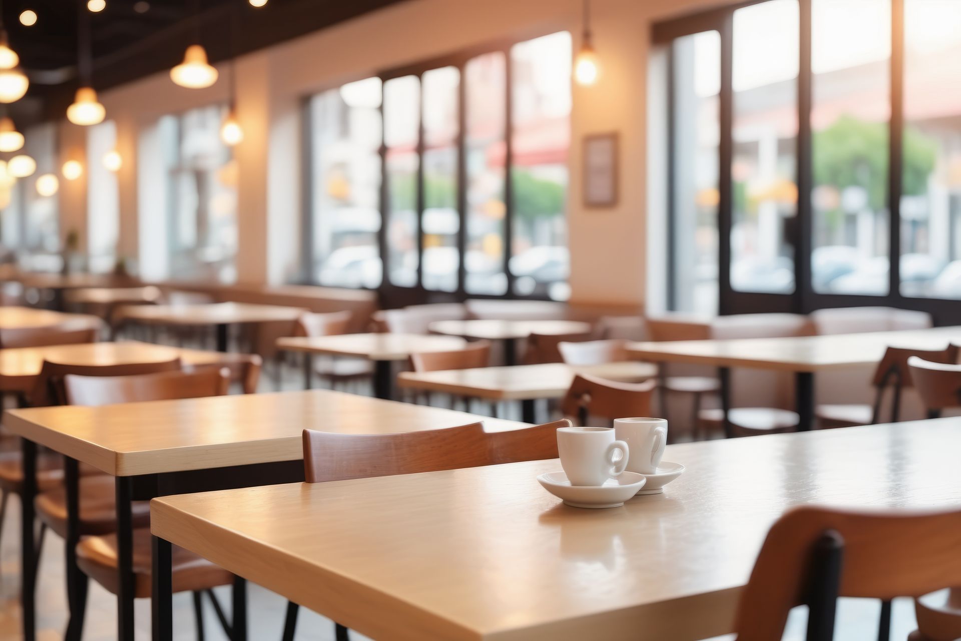 Waitress in apron spraying and wiping a restaurant table. Waitress in apron spraying and wiping a restaurant table.