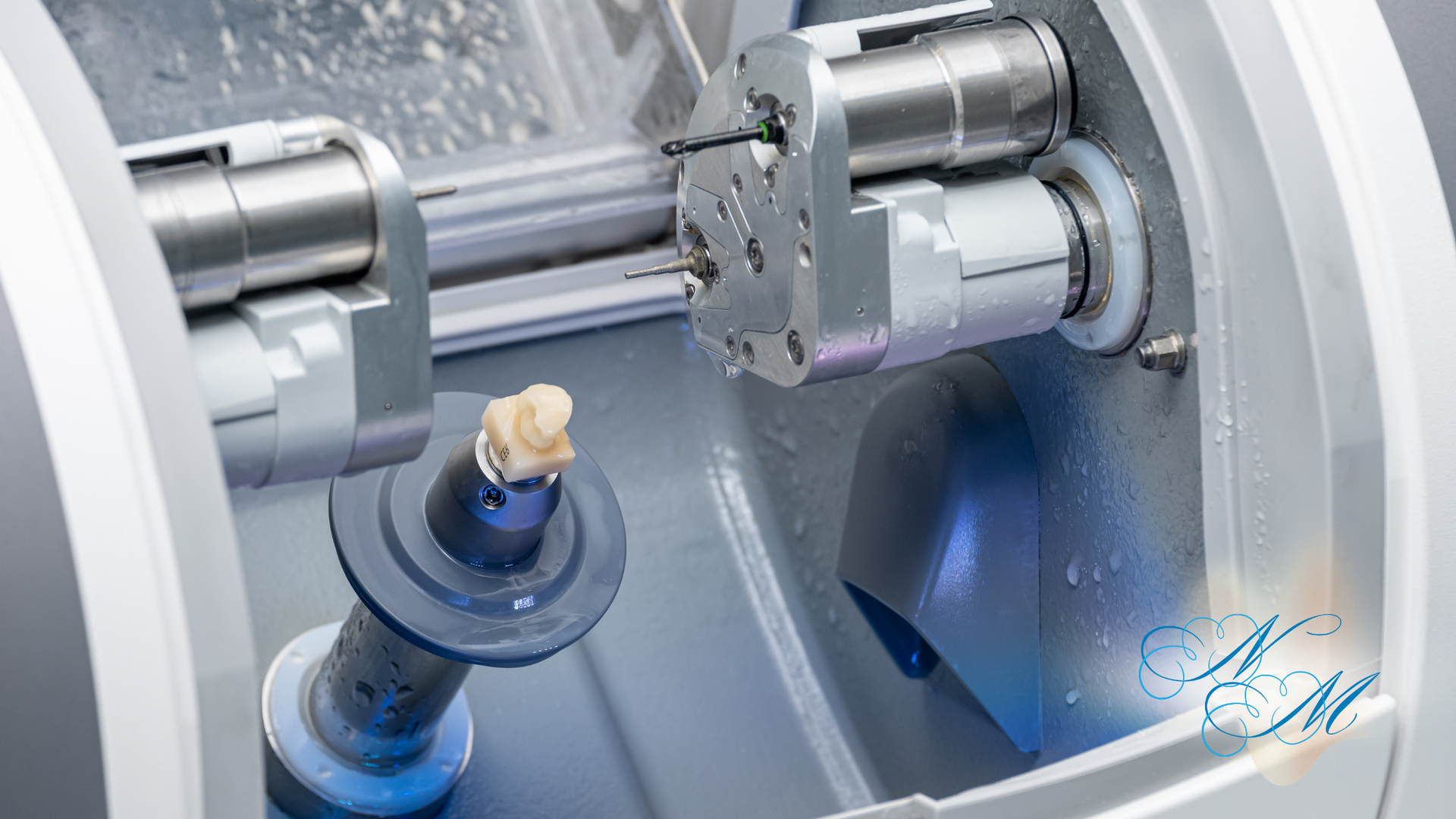 A dental milling machine crafting a tooth restoration.