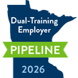 Blue Minnesota silhouette logo with white “Dual-Training Employer,” green “PIPELINE,” and “2026” text
