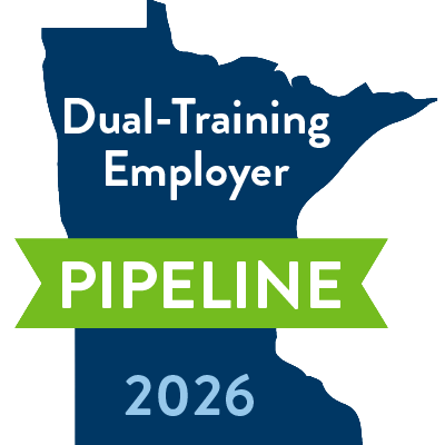 Blue Minnesota silhouette logo with white “Dual-Training Employer,” green “PIPELINE,” and “2026” text