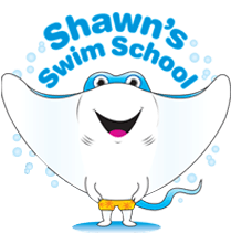 Shawn’s Swim School logo with a smiling white stingray mascot and blue text