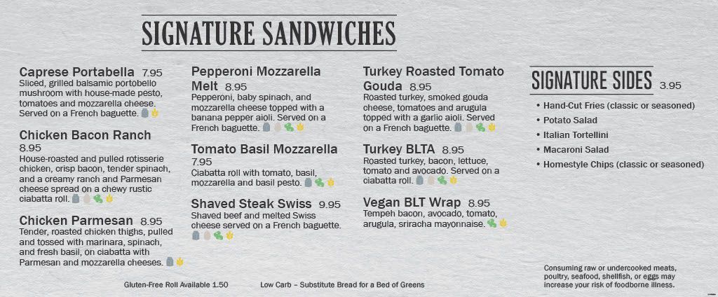 For those with visual disabilities please use the contact page to request menu information for our Signature sandwiches