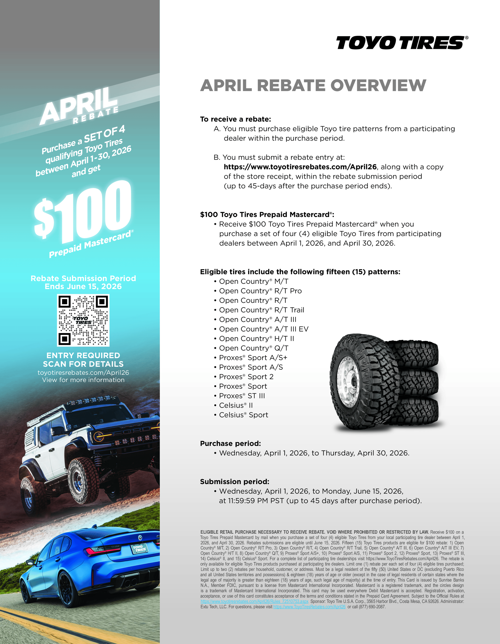 Toyo Tires April rebate flyer with $100 offer, coupon code, off-road truck, blue sports car, and tire image