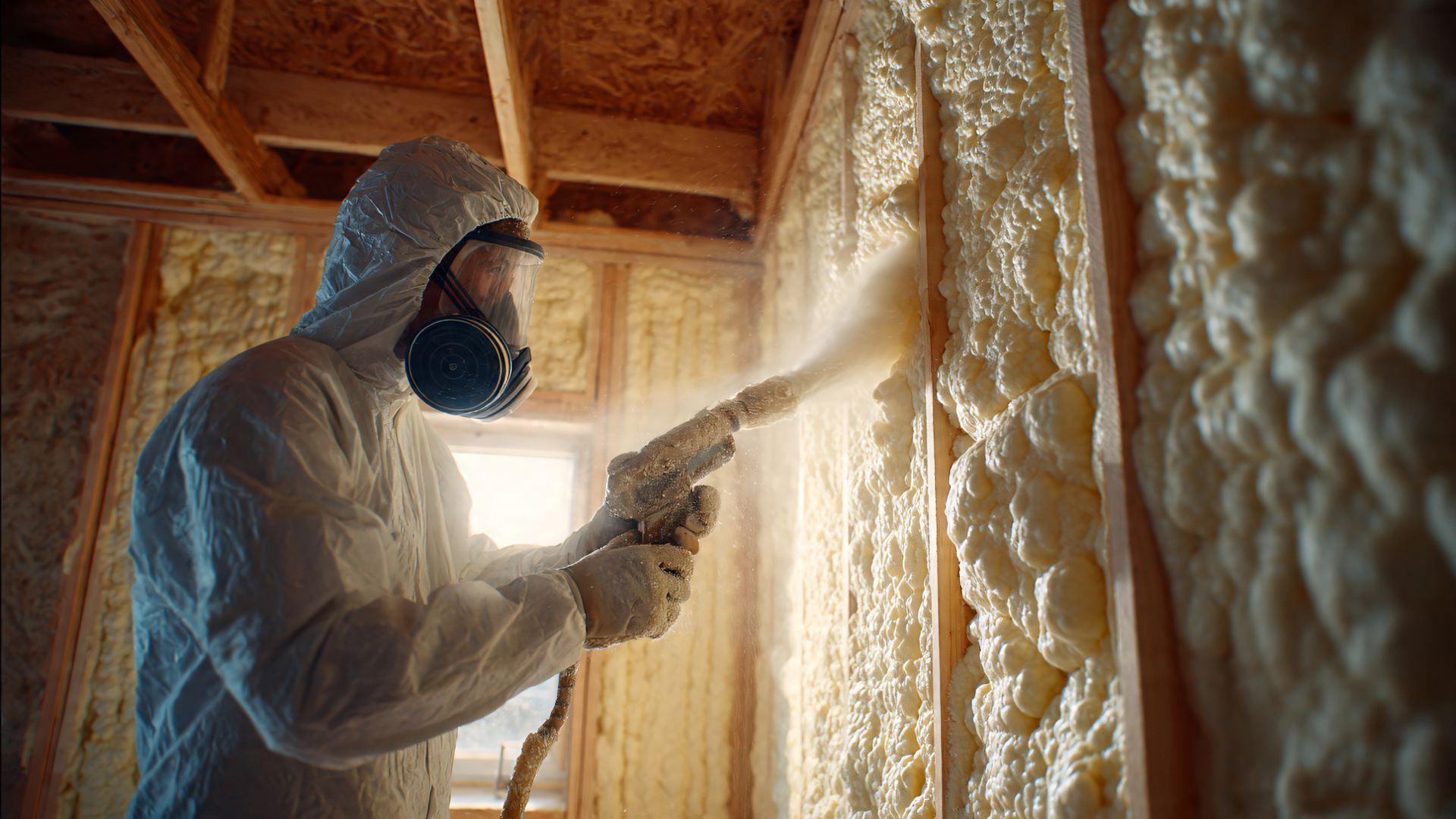 Spray foam insulation contractor in protective gear applying foam to a home wall.