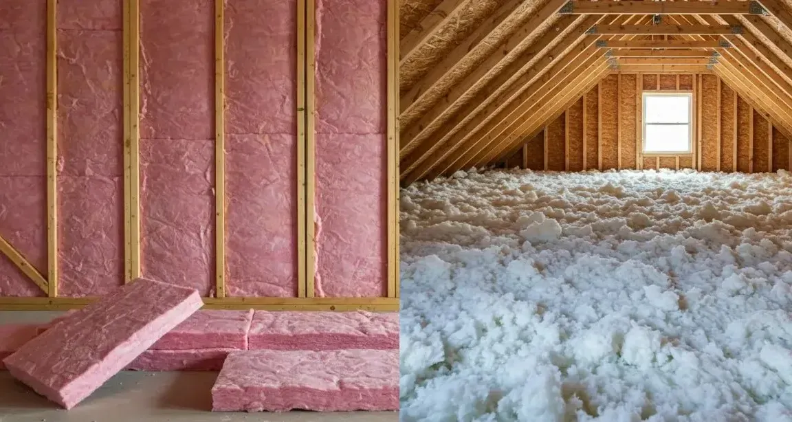 There is a picture of an attic with pink insulation and white insulation. There is a picture of an attic with pink insulation and white insulation.