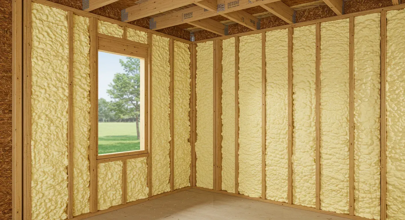 A room with foam insulation on the walls and a window. A room with foam insulation on the walls and a window.