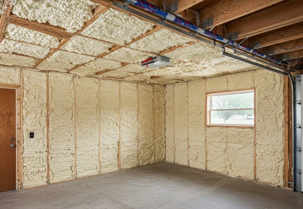 A garage with foam insulation on the walls and ceiling. A garage with foam insulation on the walls and ceiling.