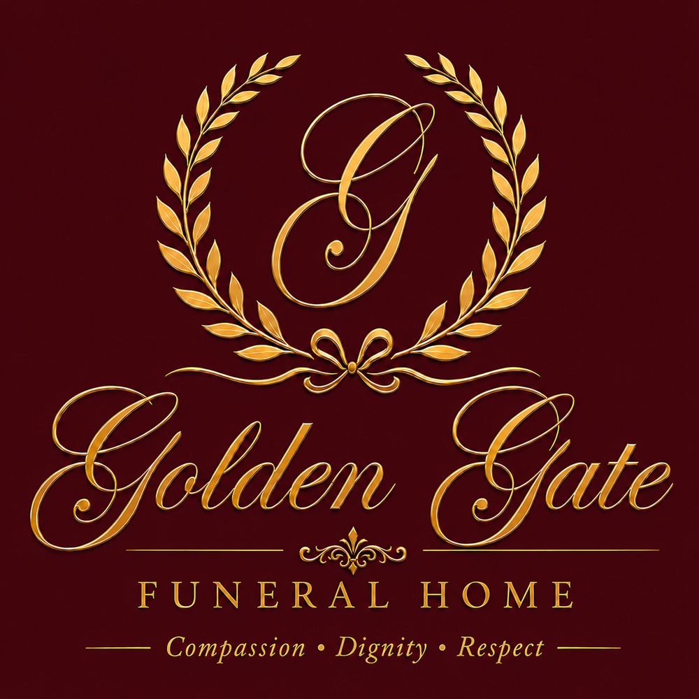 Golden Gate Funeral Home logo in gold script and laurel wreath on maroon background