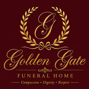 Golden Gate Funeral Home logo in gold script and laurel wreath on maroon background