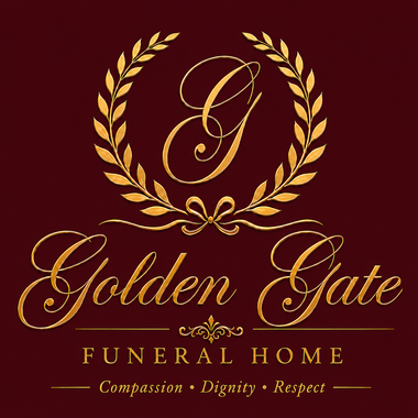 Golden Gate Funeral Home logo in gold script and laurel wreath on maroon background