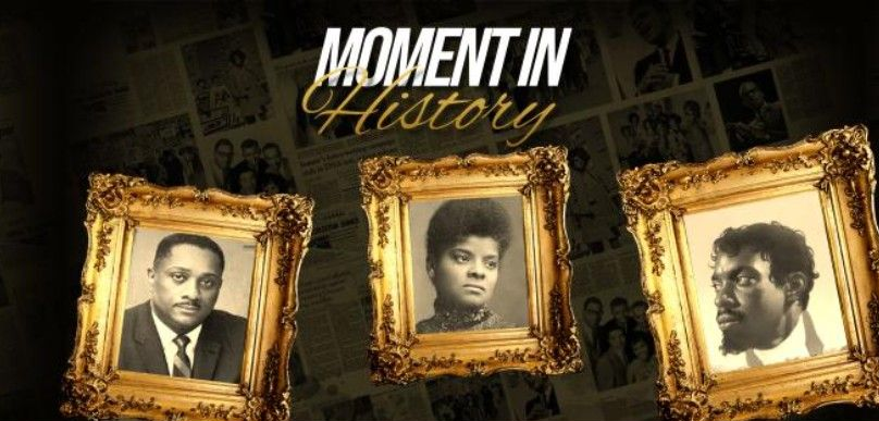 Three sepia portraits in ornate gold frames under the title “Moment in History”