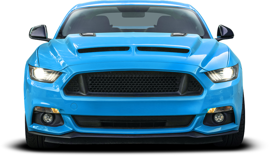 Front view of a bright blue sports car with black grille and headlights on a white background | Endurance Auto Repair and Tire
