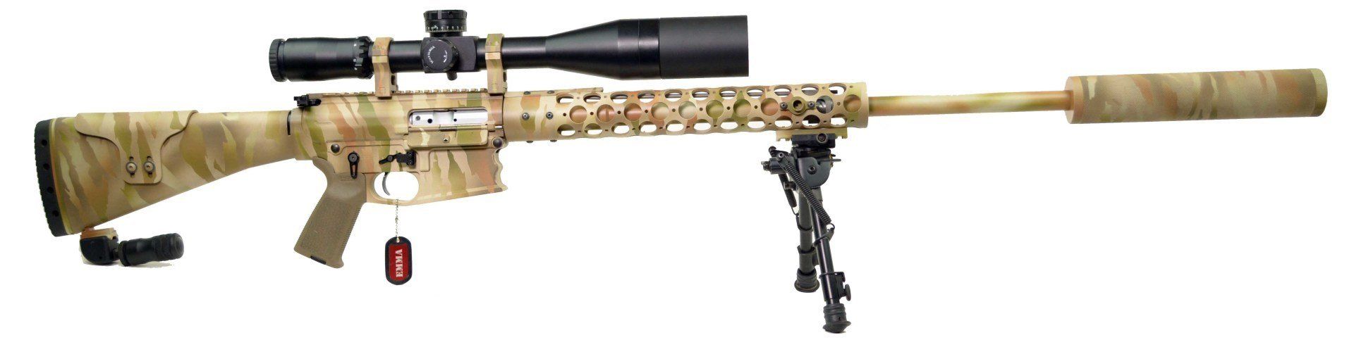 A tan sniper rifle with a scope, bipod, and suppressor against a white background.