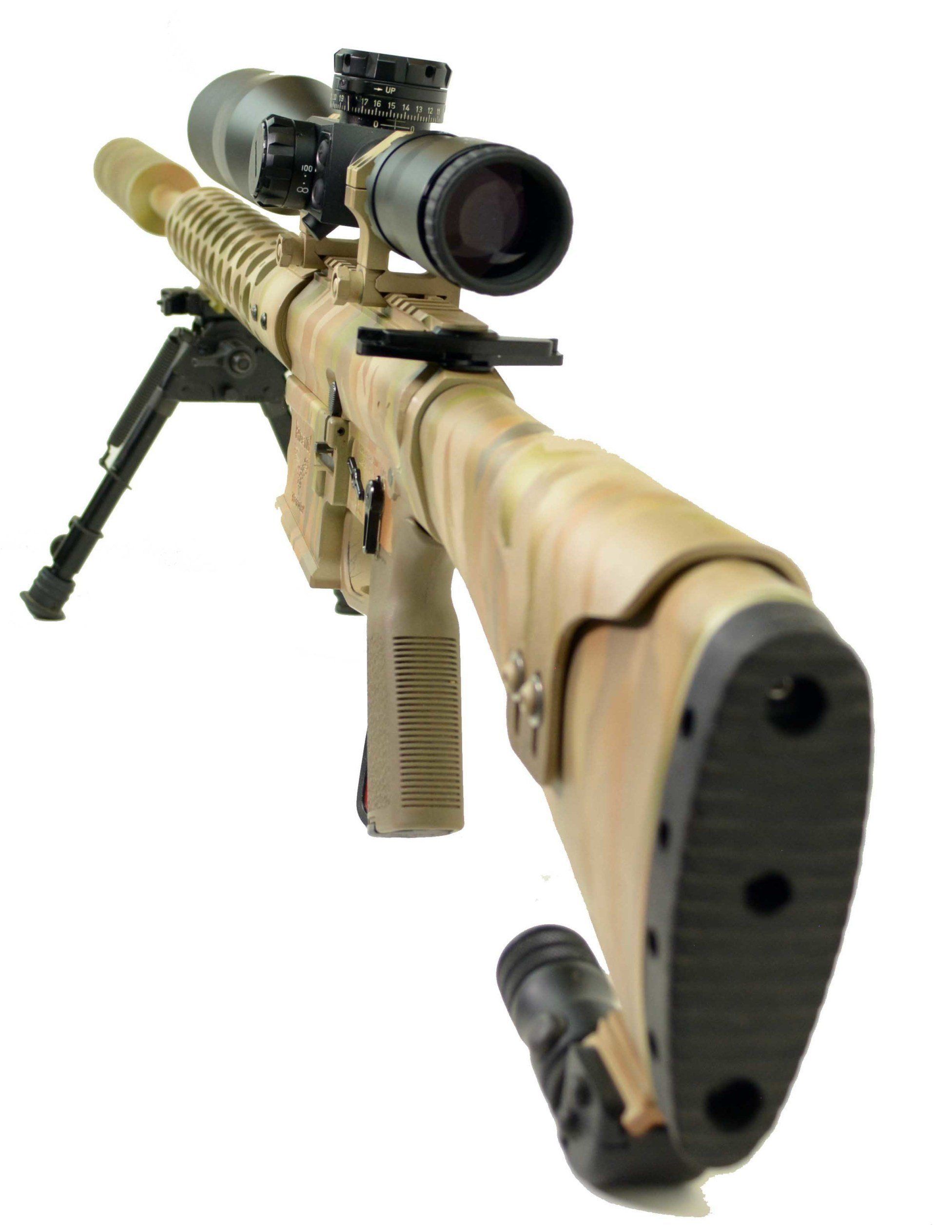 Tan and black sniper rifle with scope and bipod.
