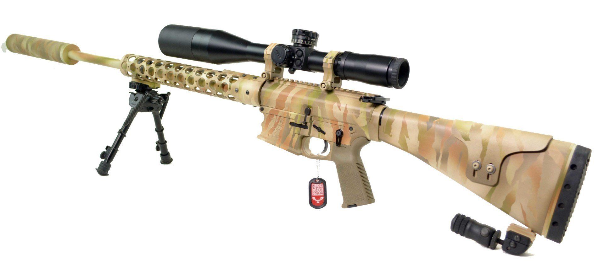 Tan and camo sniper rifle with scope and bipod.