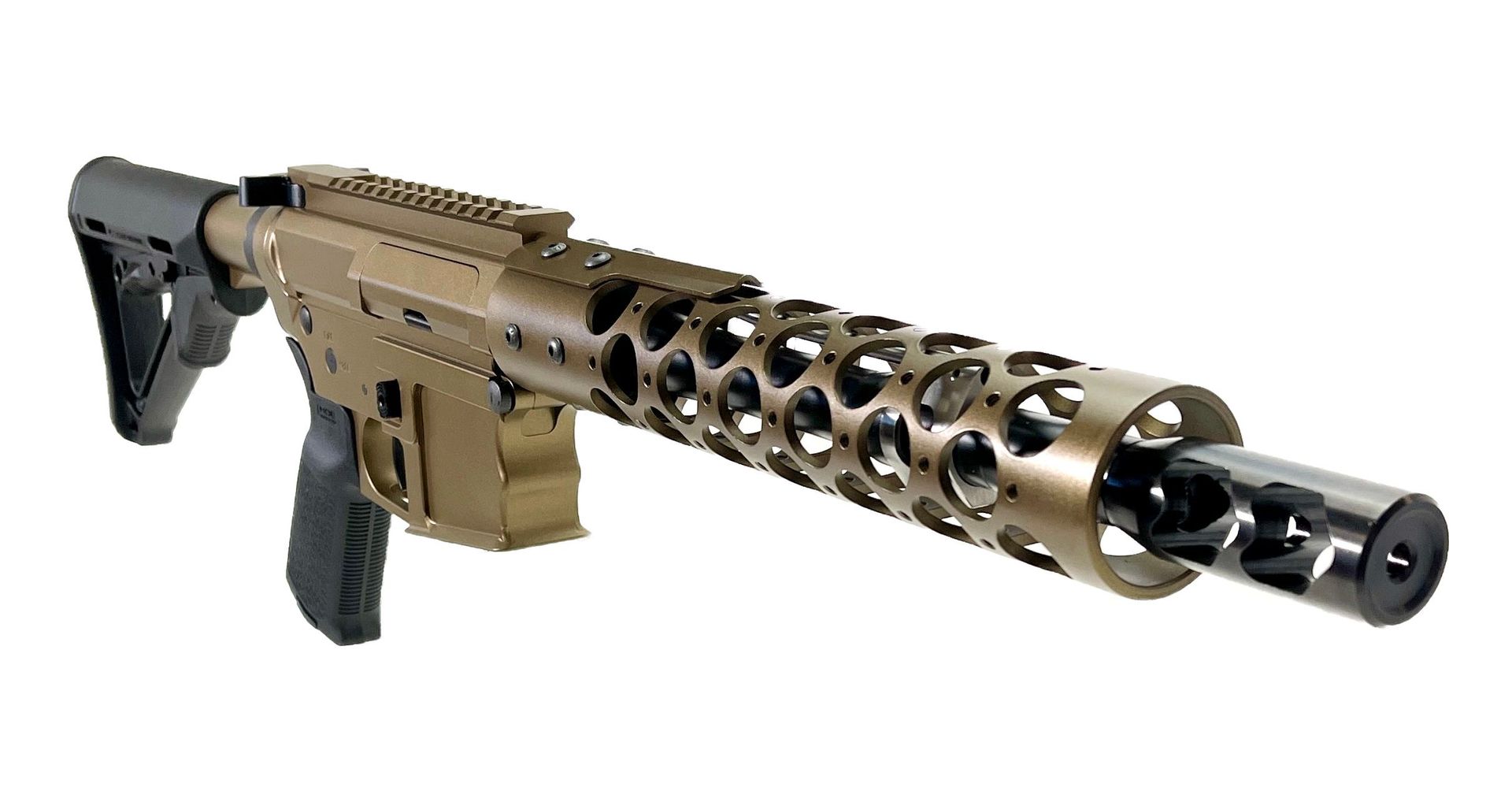 Tan and black rifle with a unique open barrel design.