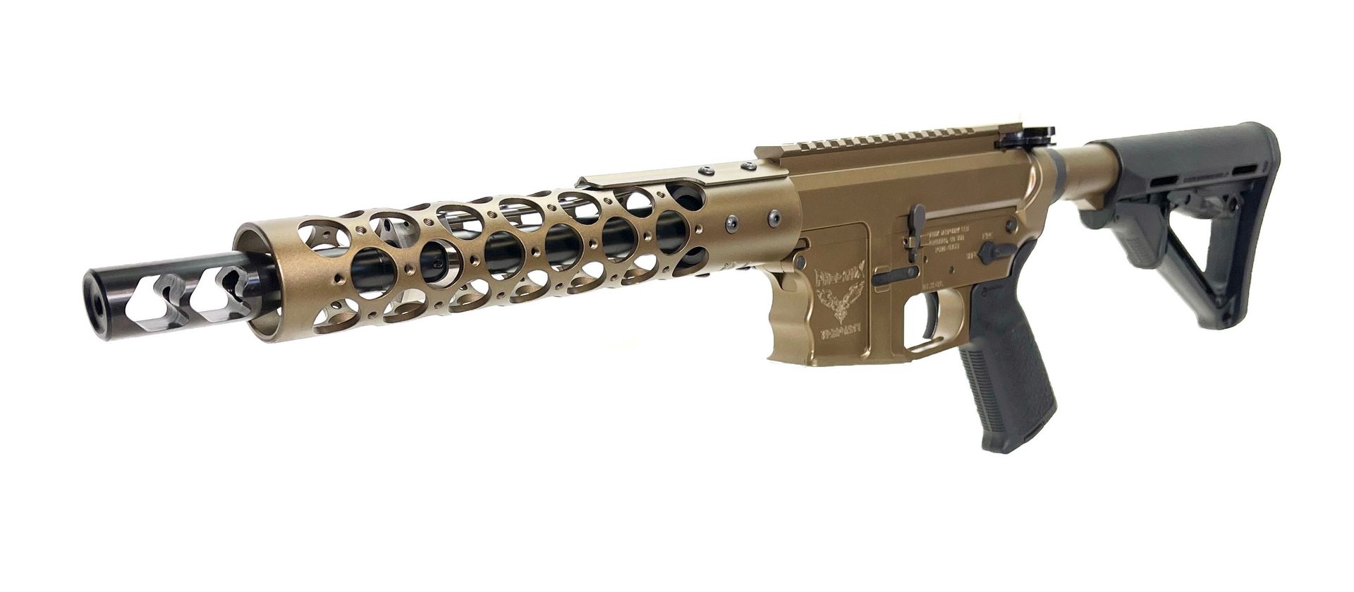 Tan and black firearm with a unique cage-like handguard and adjustable stock.