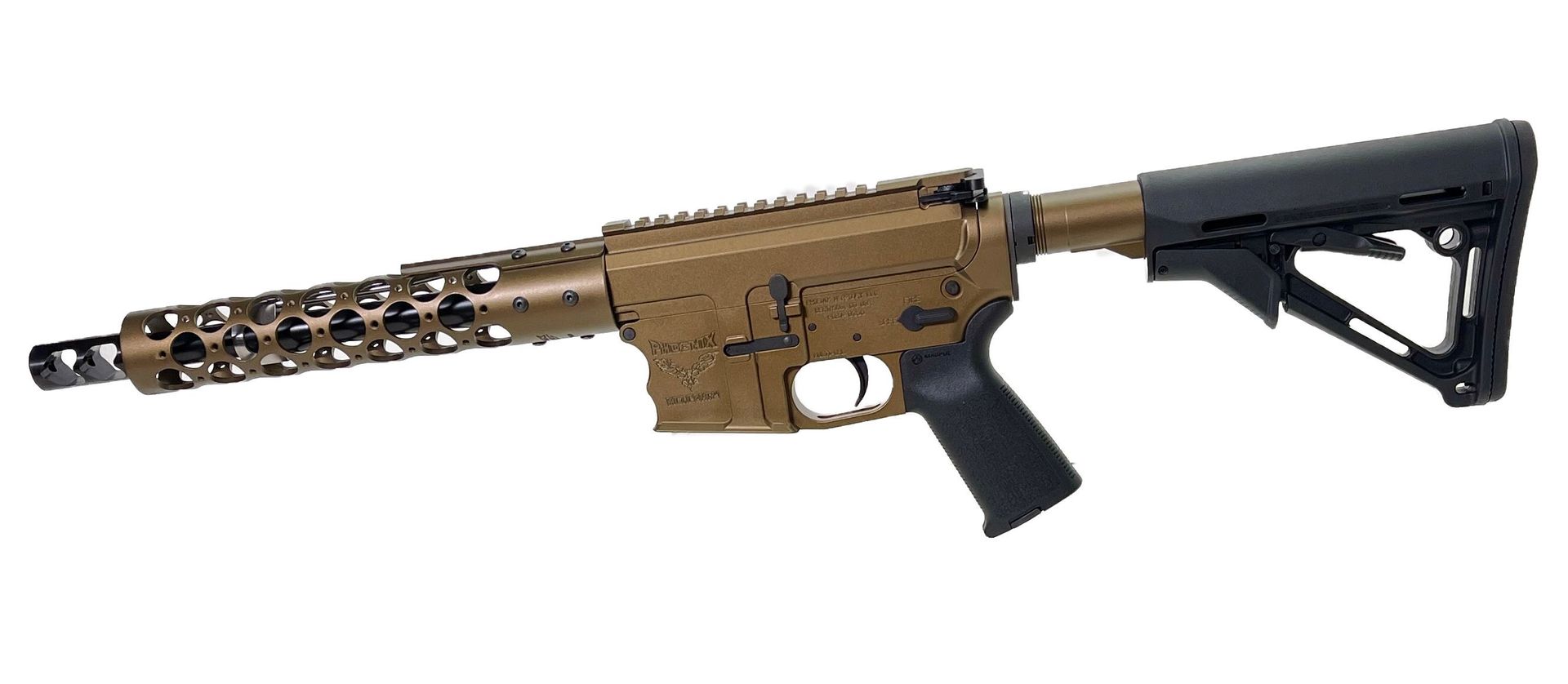 Tan and black AR-15-style rifle with a heavily perforated handguard, a pistol grip, and an adjustable stock.