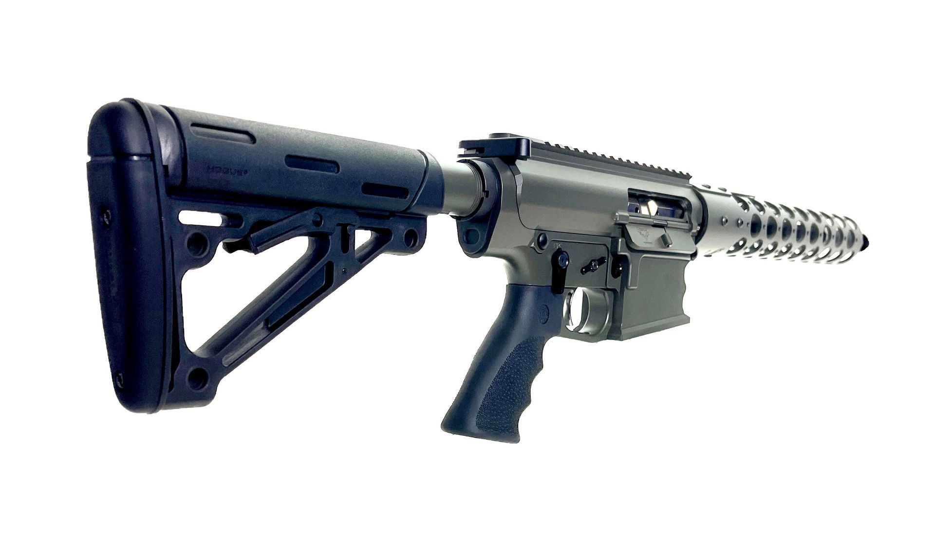 Black rifle, angled towards right, with a stock, grip, magazine, and barrel visible.