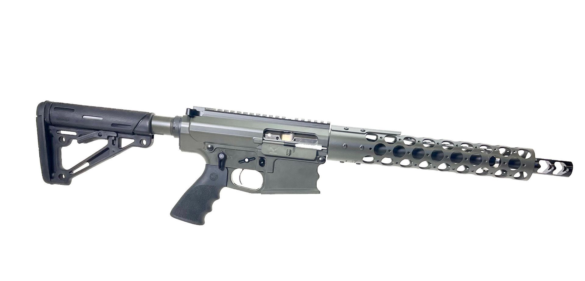 A gray rifle with a black stock and grip, against a white background.