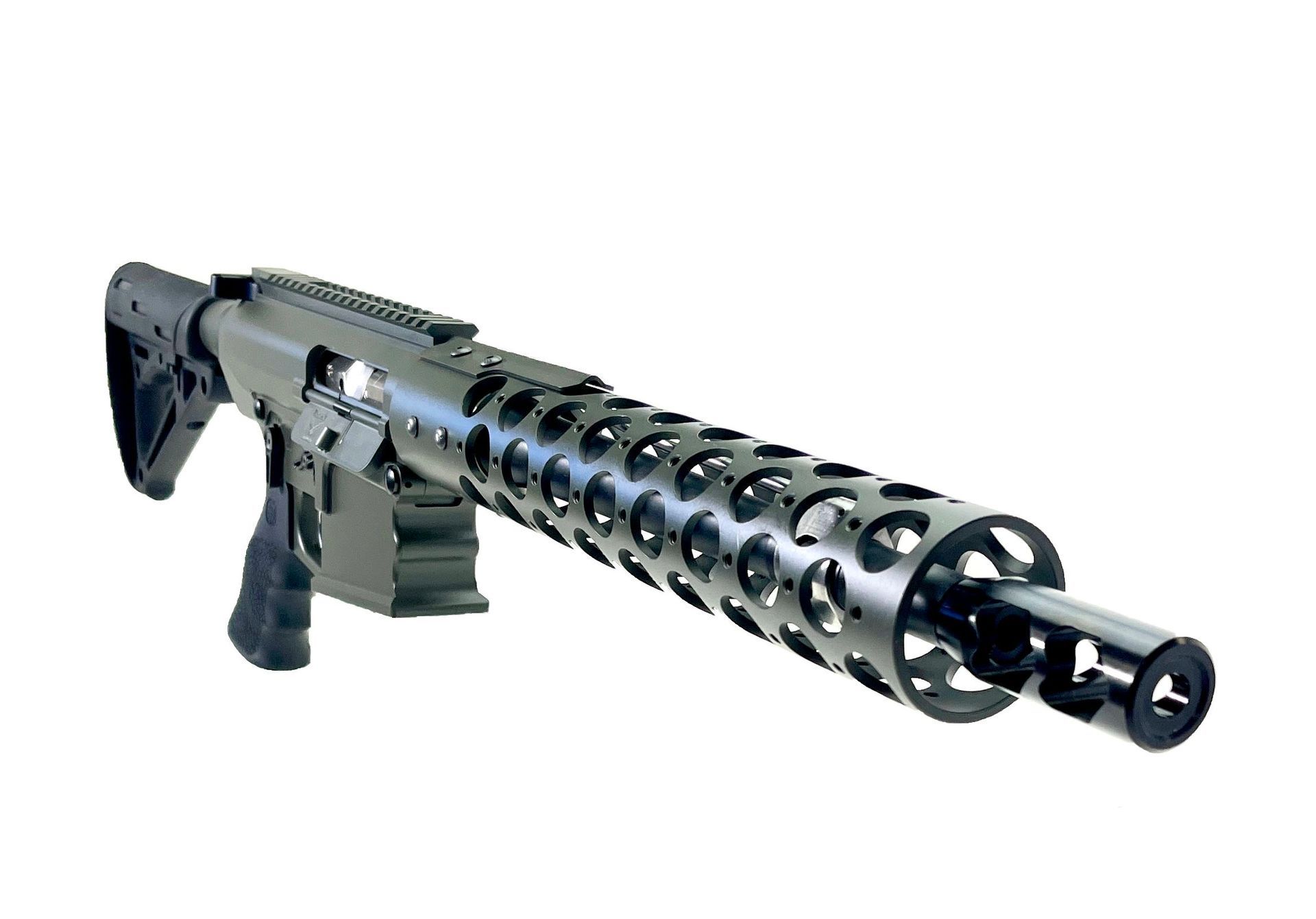 Black rifle with circular barrel vents, angled against a white backdrop.