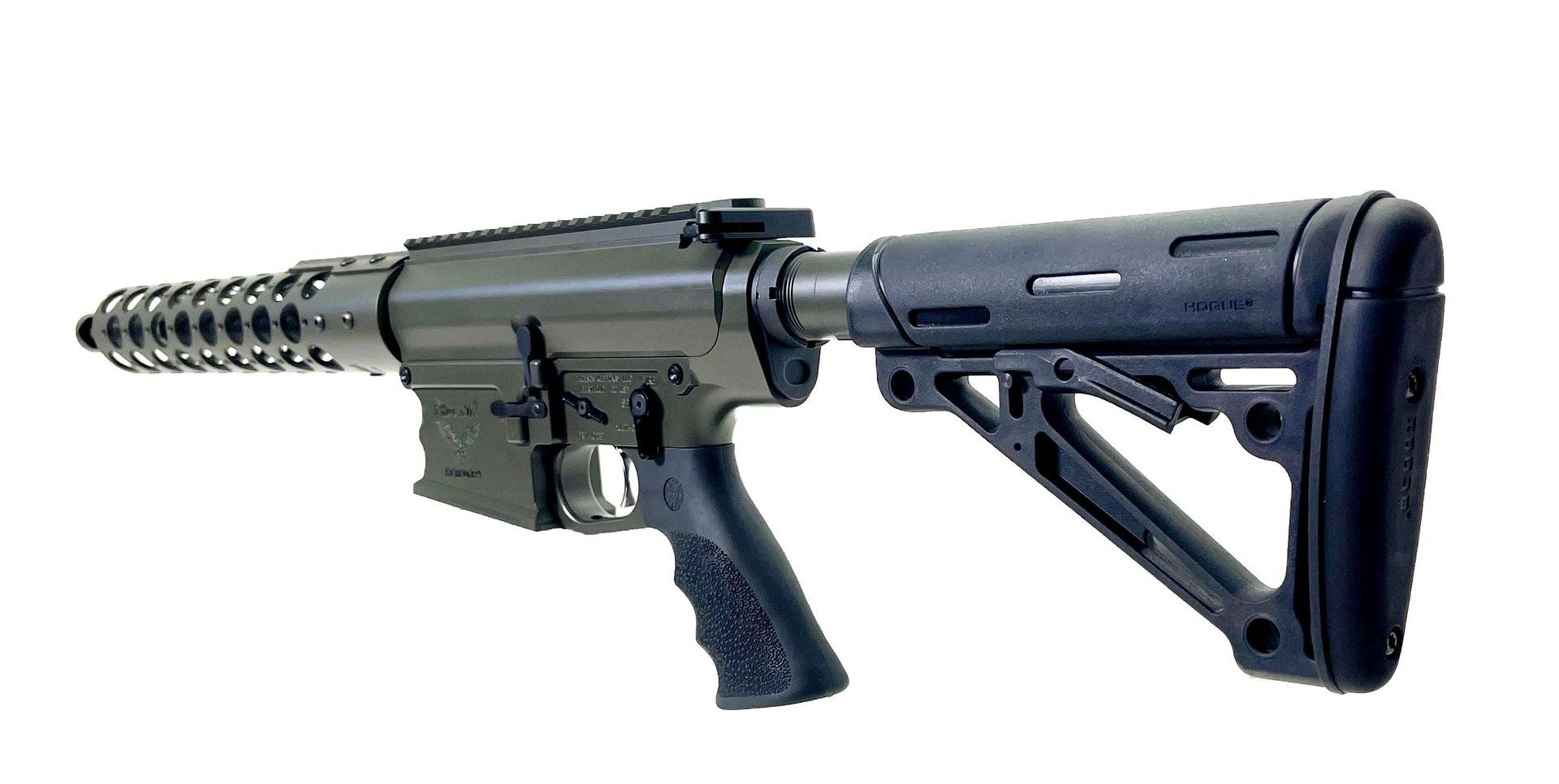 Black rifle with a spiral barrel and adjustable stock.