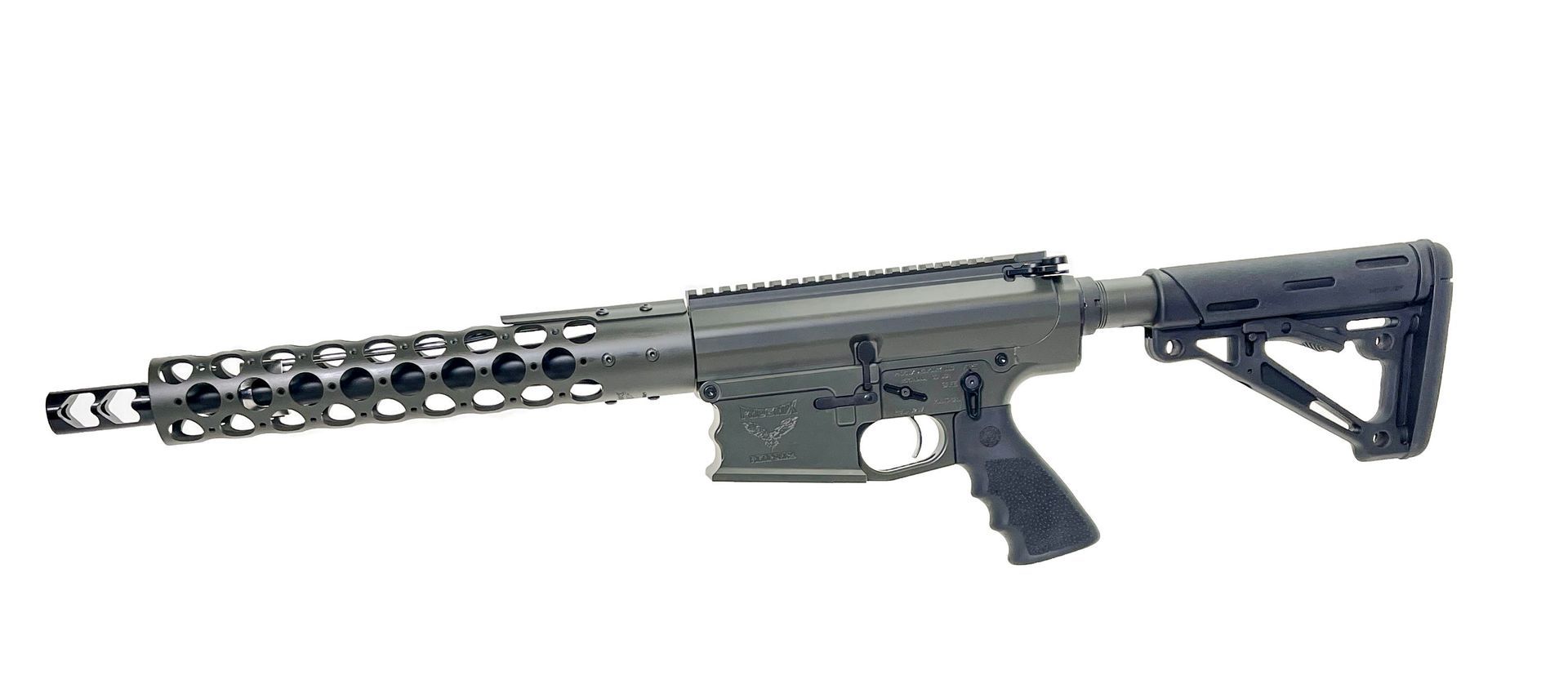 A gray rifle with a unique barrel design and an adjustable stock is displayed against a white background.