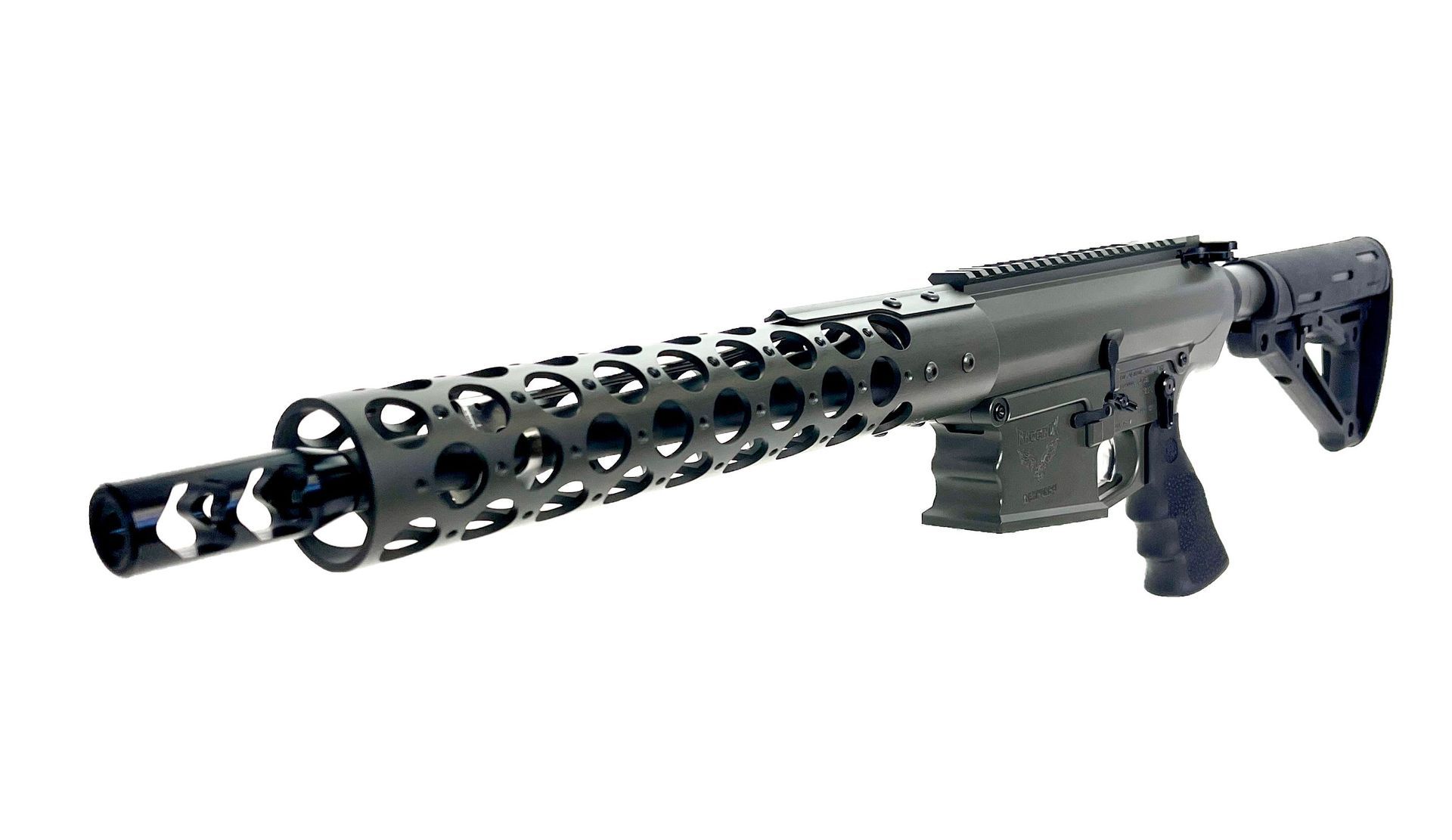 Black rifle with circular cutouts on barrel.
