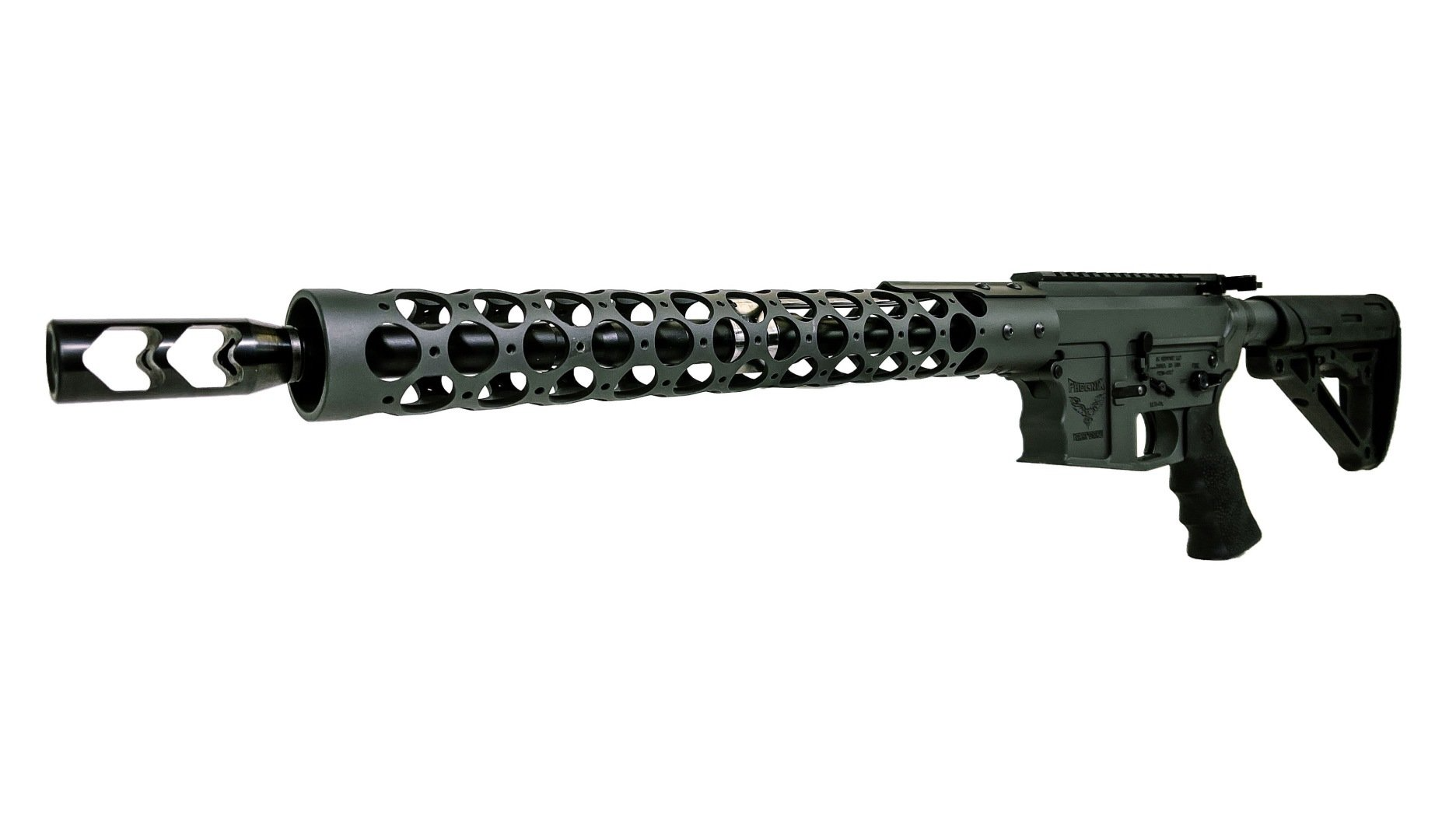 Black rifle with a cylindrical, open-lattice barrel and muzzle break on a white background.
