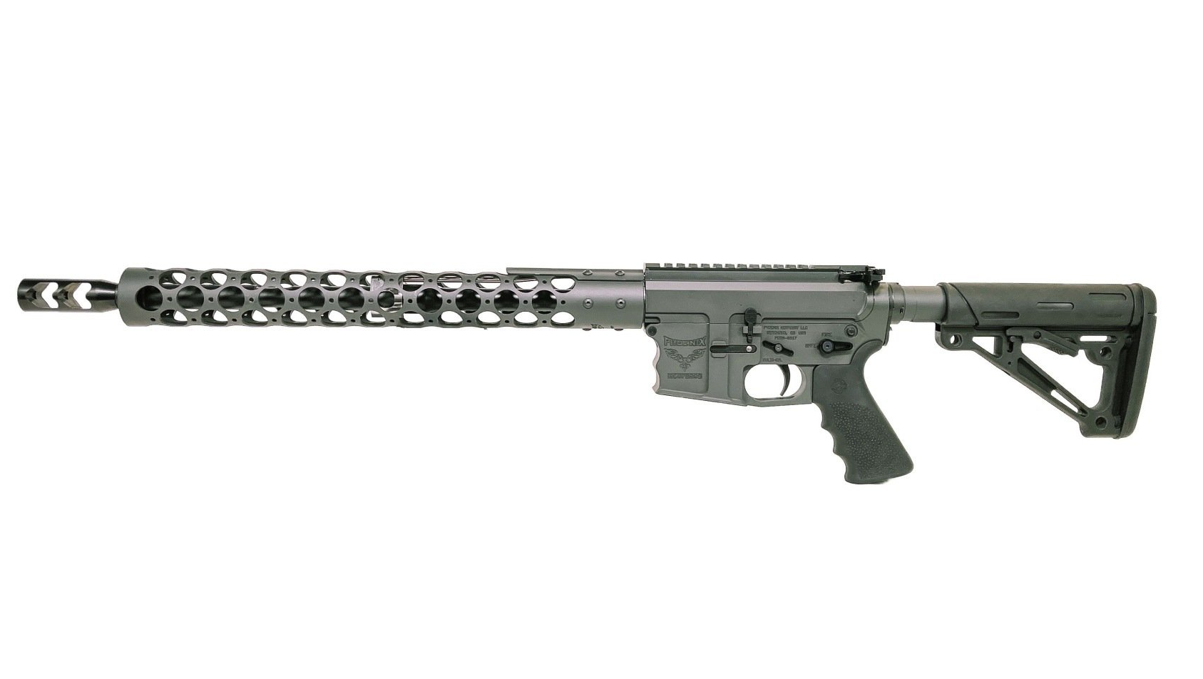 Black rifle with a vented handguard and angled foregrip, against a white background.