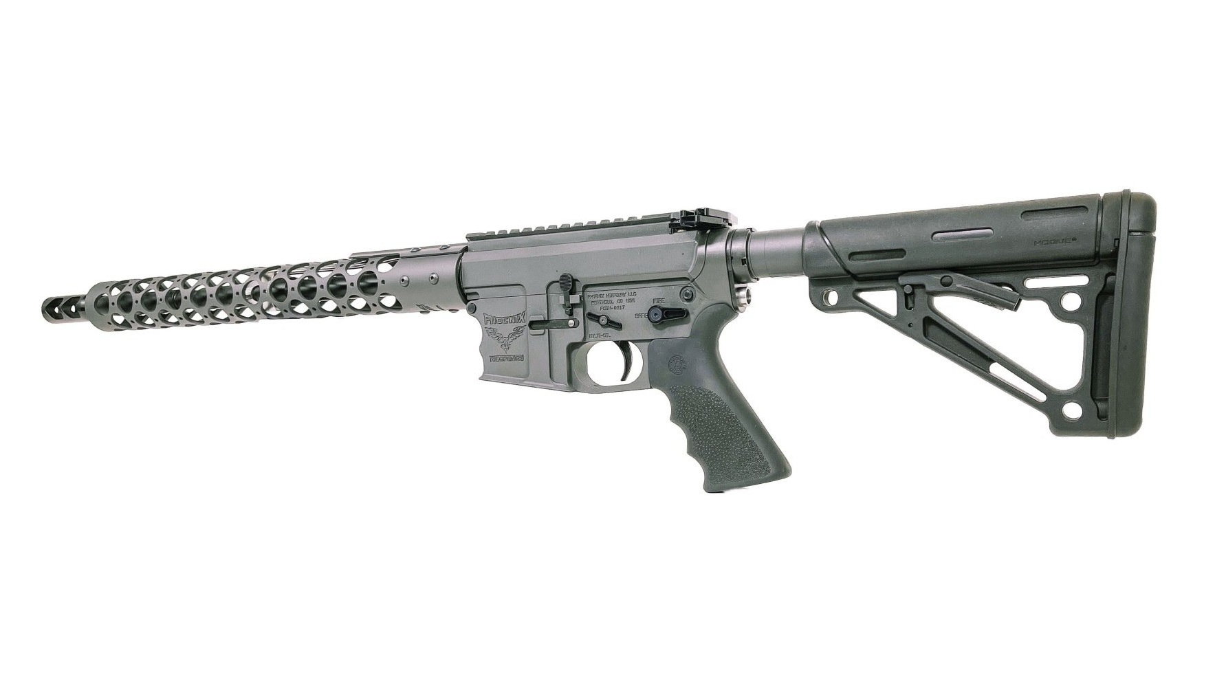 Gray rifle with a black stock and handguard.