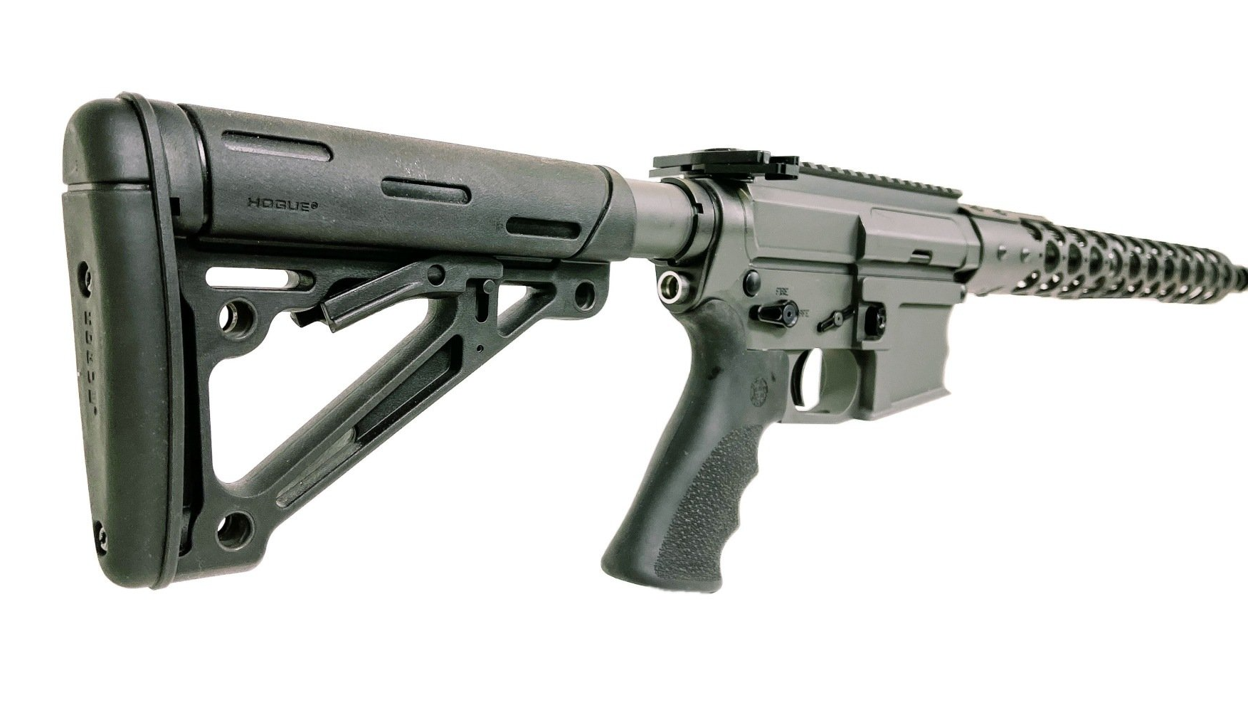 Black AR-15 style rifle with a stock, grip, and rail system.