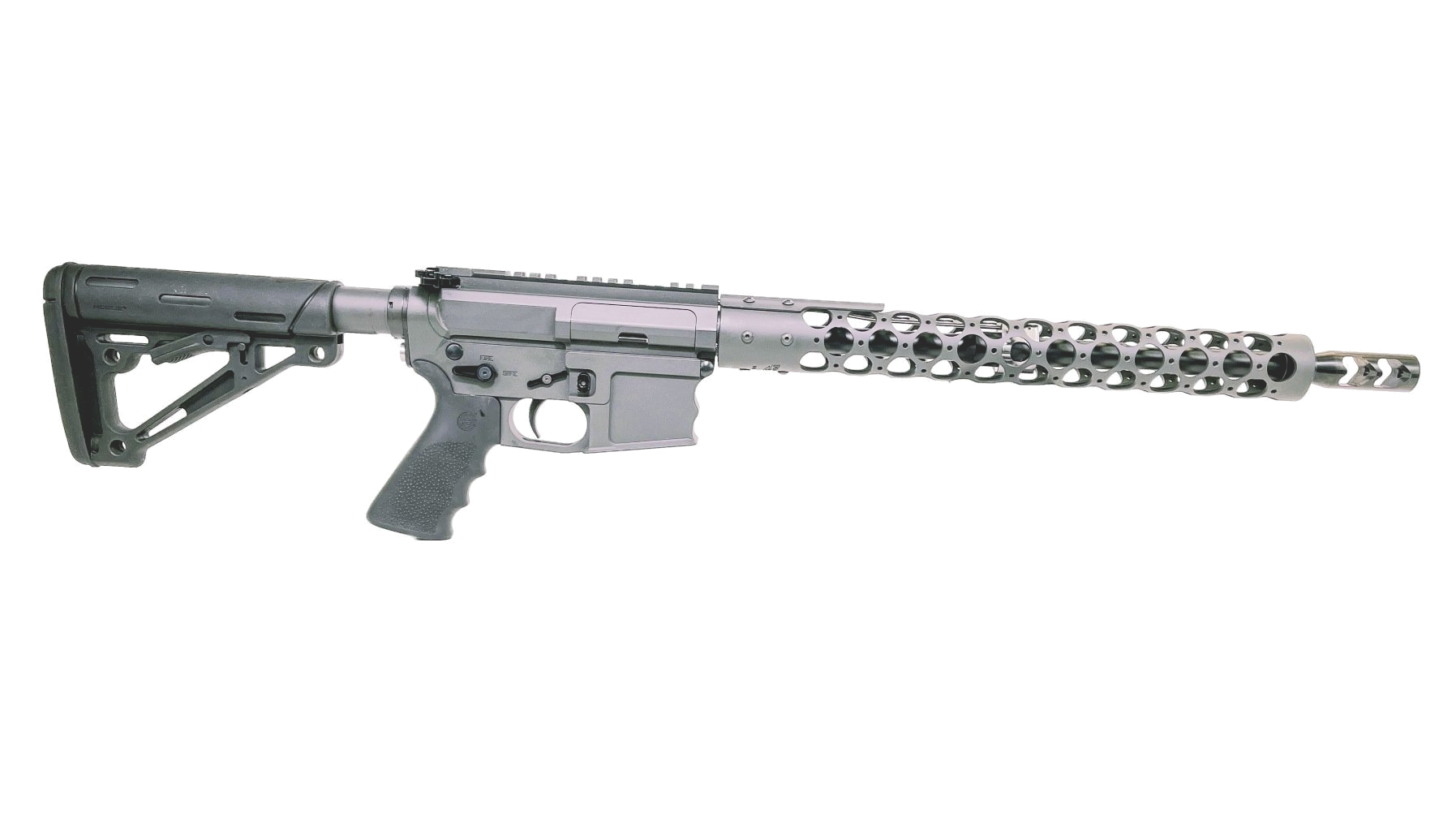 Gray rifle with open-circle barrel, black stock and grip, on a white background.