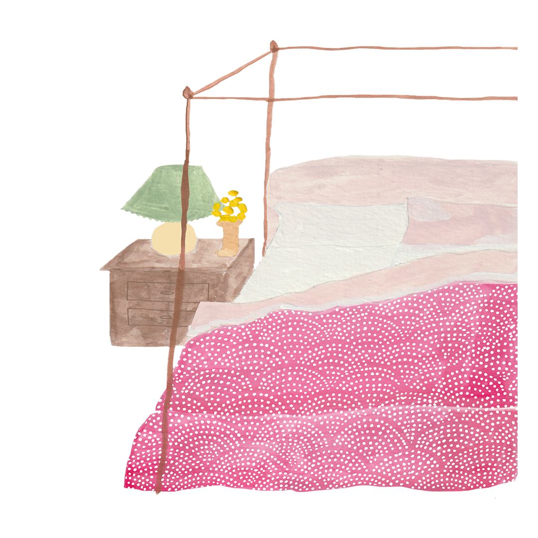 Watercolor-style scene with a small tree and yellow flowers on a wooden ledge beside a pink patterned cliff.