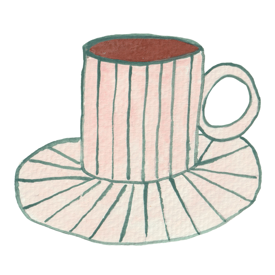 Illustrated striped teacup on a matching saucer in soft pink and green tones
