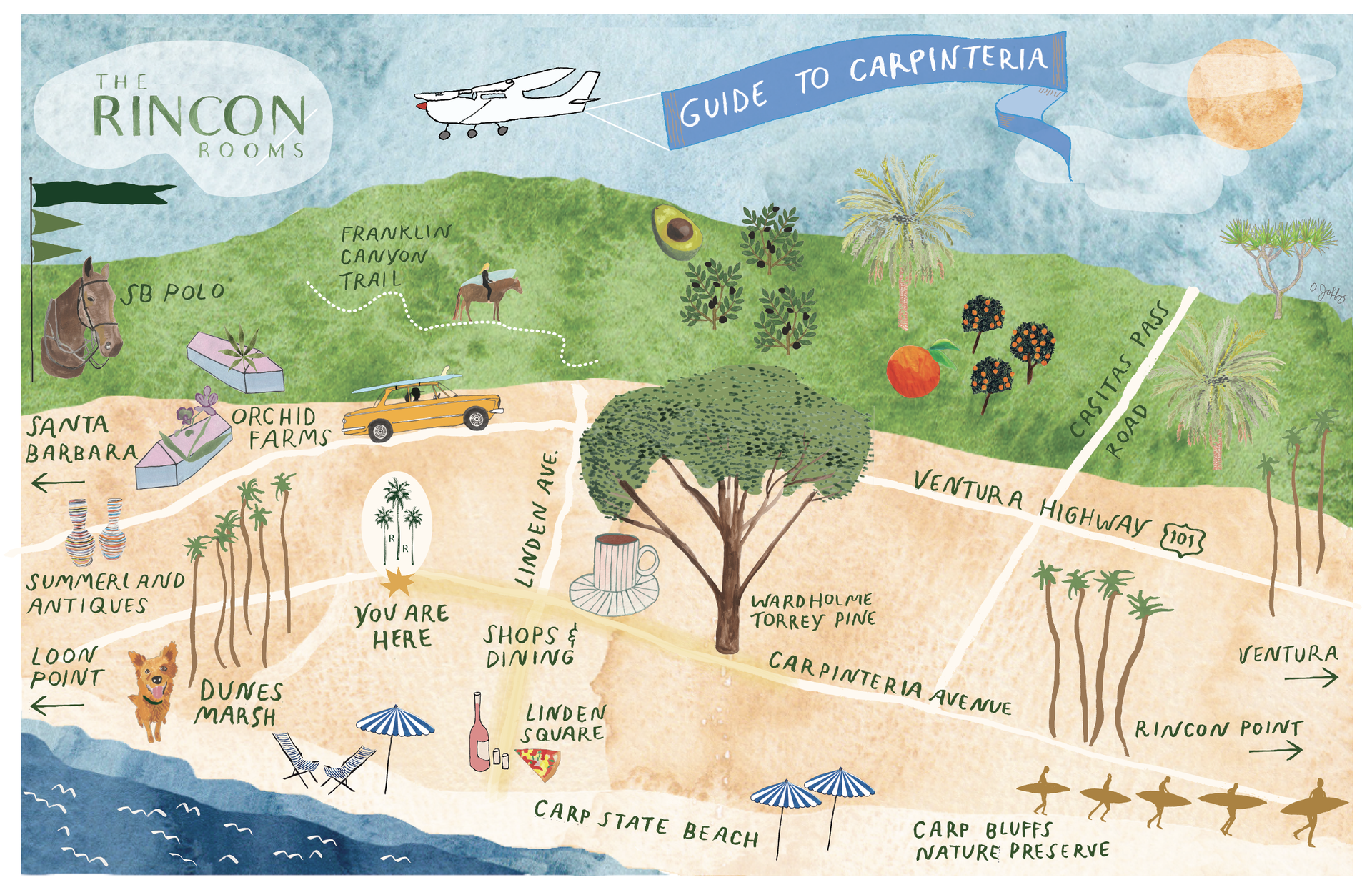 Hand-drawn map of Rincon, Puerto Rico with coast, hills, trees, and labeled local landmarks.