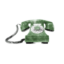 Green rotary dial telephone with coiled cord on a white background