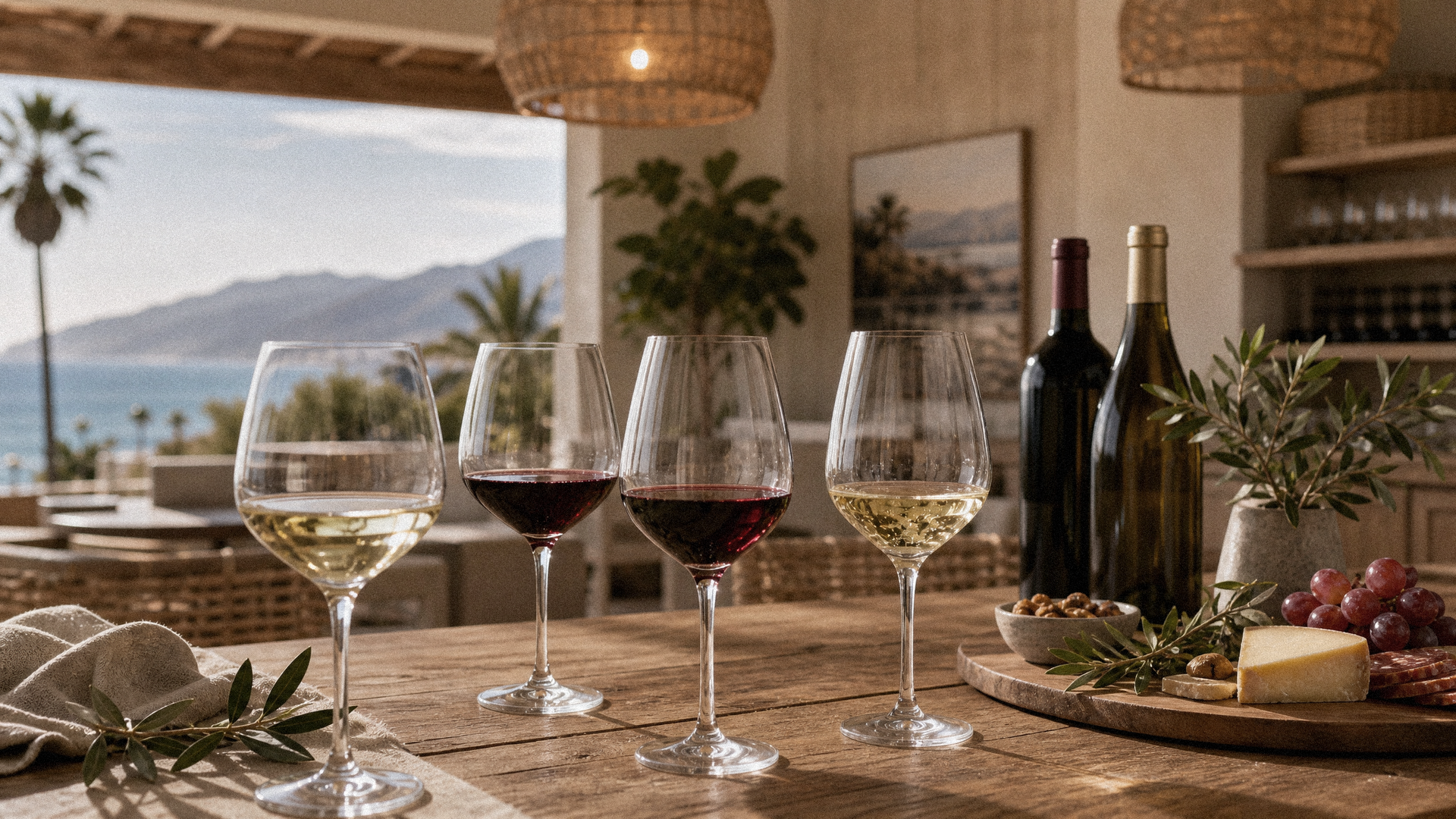 A hand pours white wine into a glass at a table set with several glasses of red and white wine and a candle.