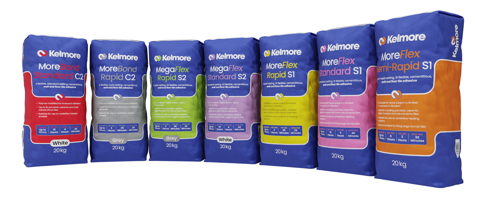Kelmore Adhesive range. Rapid, standard, white or grey in 20kg bags. Available in County Durham