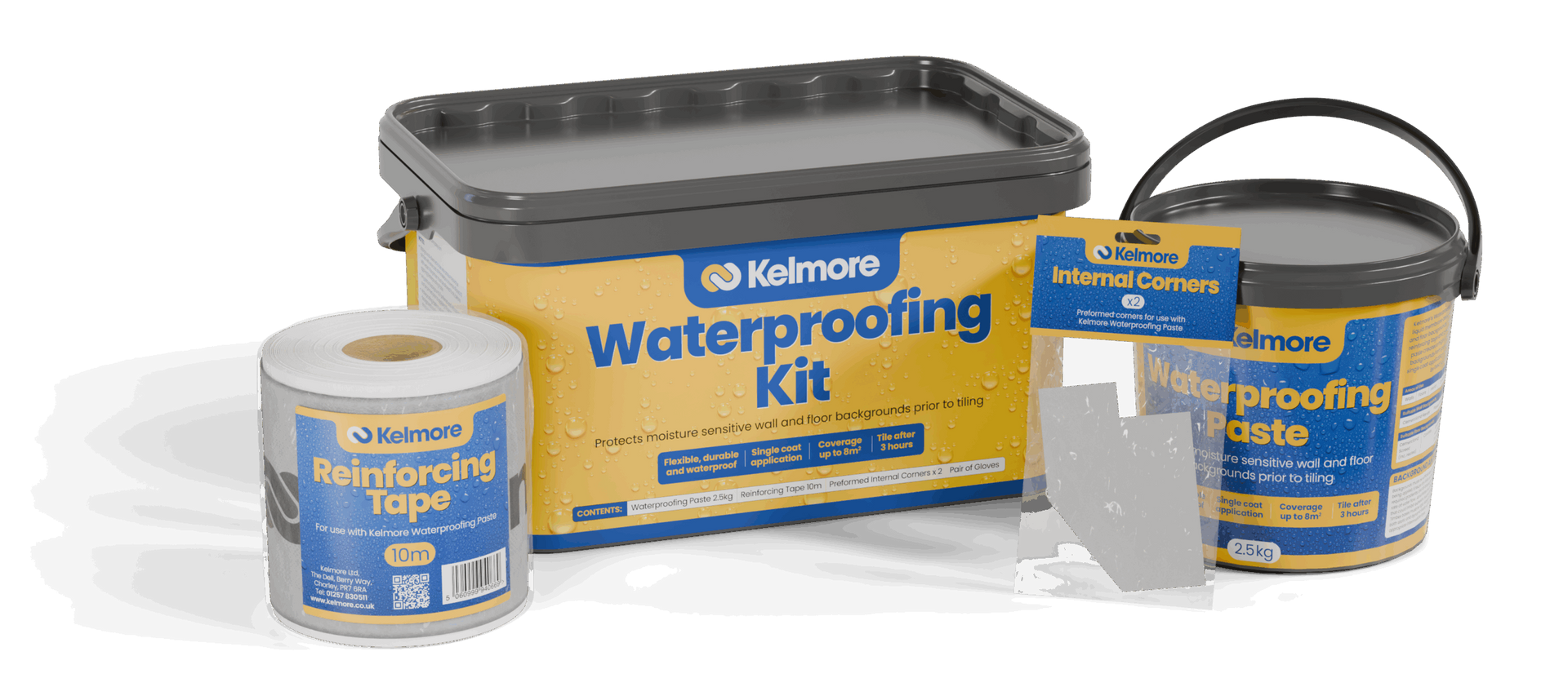 Kelmore Waterproofing Paste in 2.5kg tube and also Self Adhesive Roll of Aqua Tape 75mmx10m. Both available in County Durham