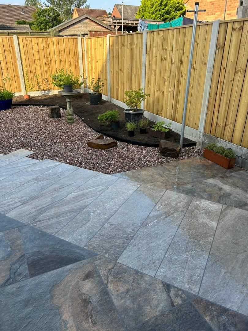 Rustic Slate porcelain paver in 900x600 with Indiana Multicolour porcelain paver in 1200x600 cut up to make a path available in County Durham