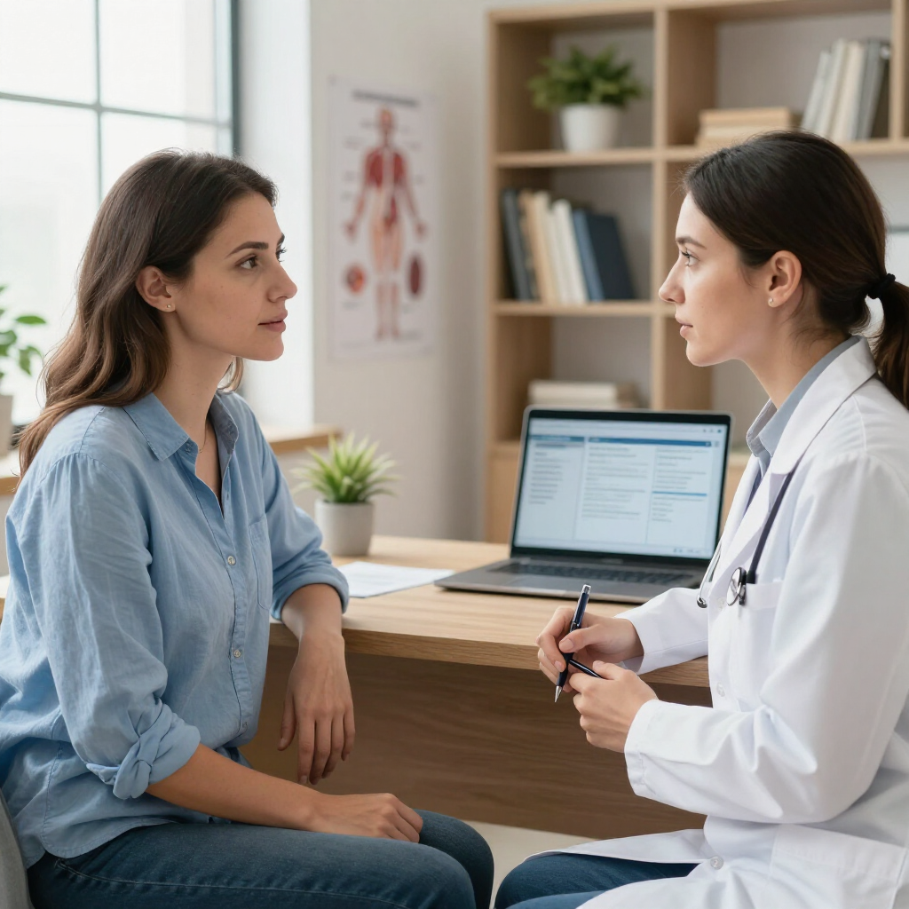 Patient speaking with a doctor in a clinic office, seated across a desk with a laptop and plant.