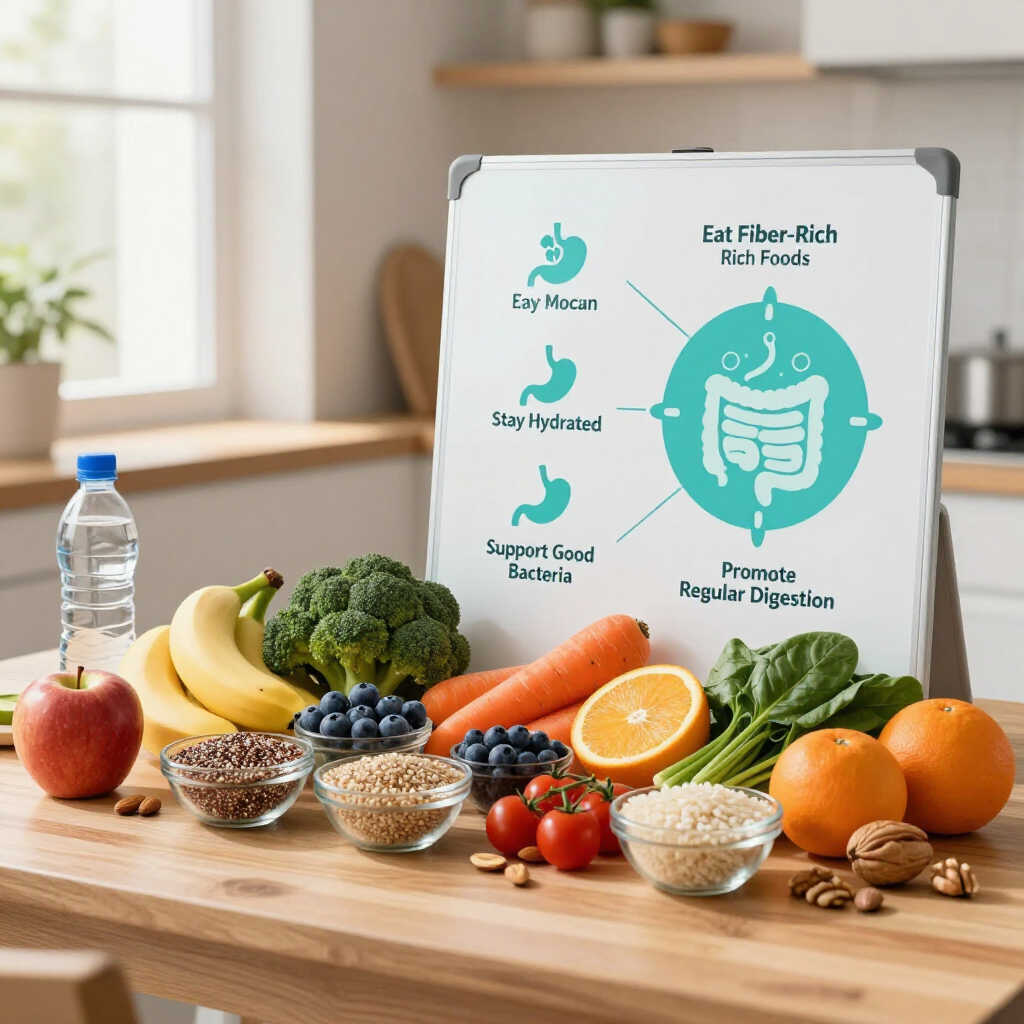 Fruit and vegetables on a table beside a board promoting high-fiber foods and digestion