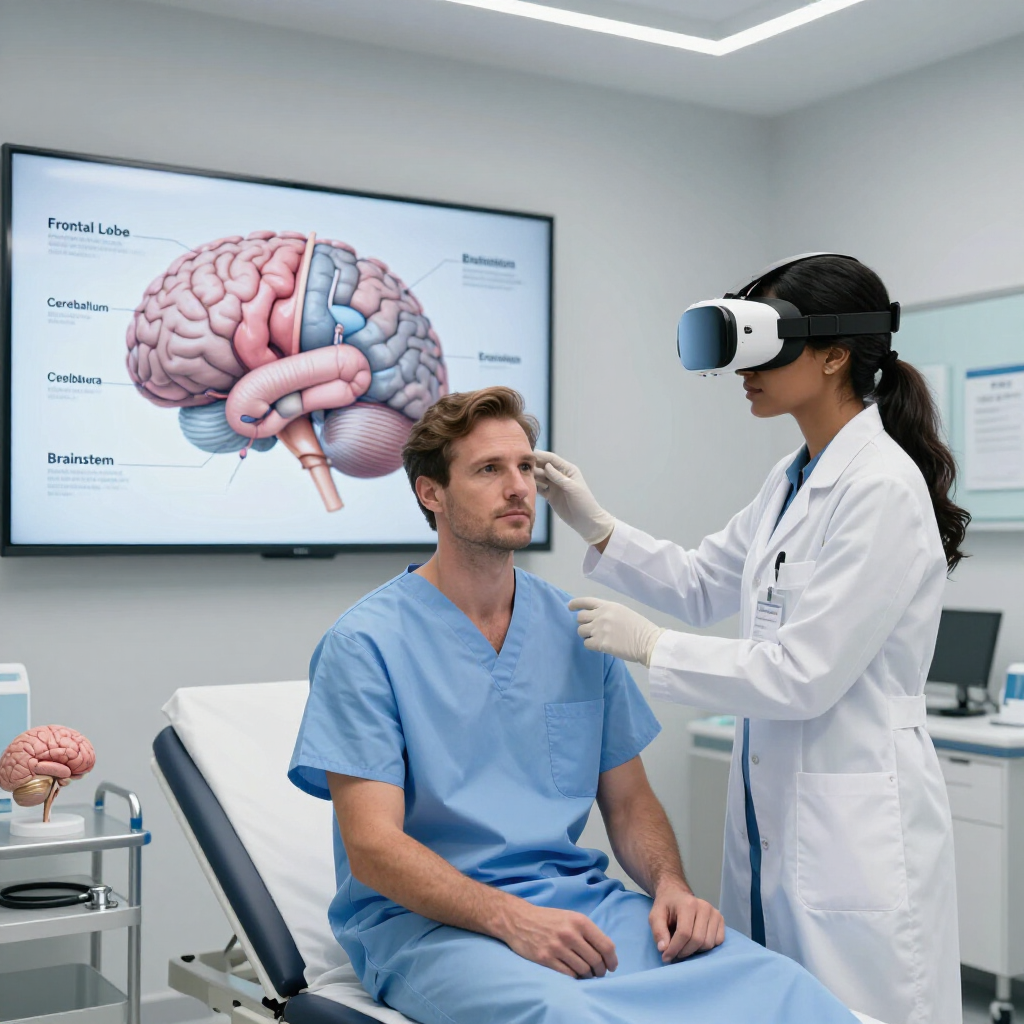 Doctor examining patient with VR headset in a bright medical office, with brain diagram displayed on screen