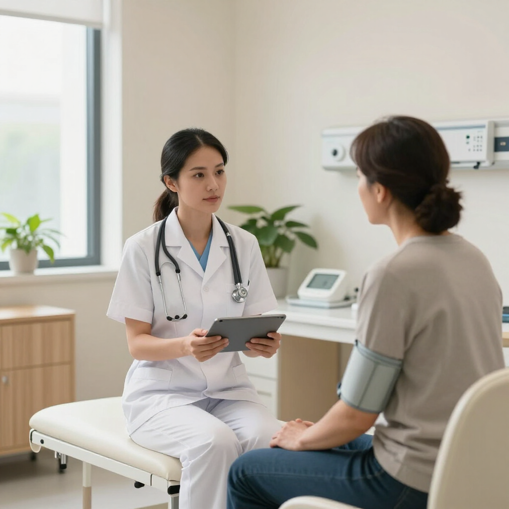 Doctor consulting with a patient in a bright medical exam room, holding a tablet.